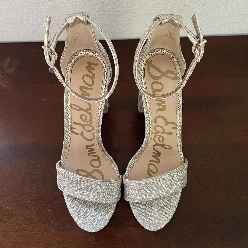Like New! Sam Edelman Yaro Metallic Silver Leather Ankle Strap Heels Size 7 - Picture 4 of 12
